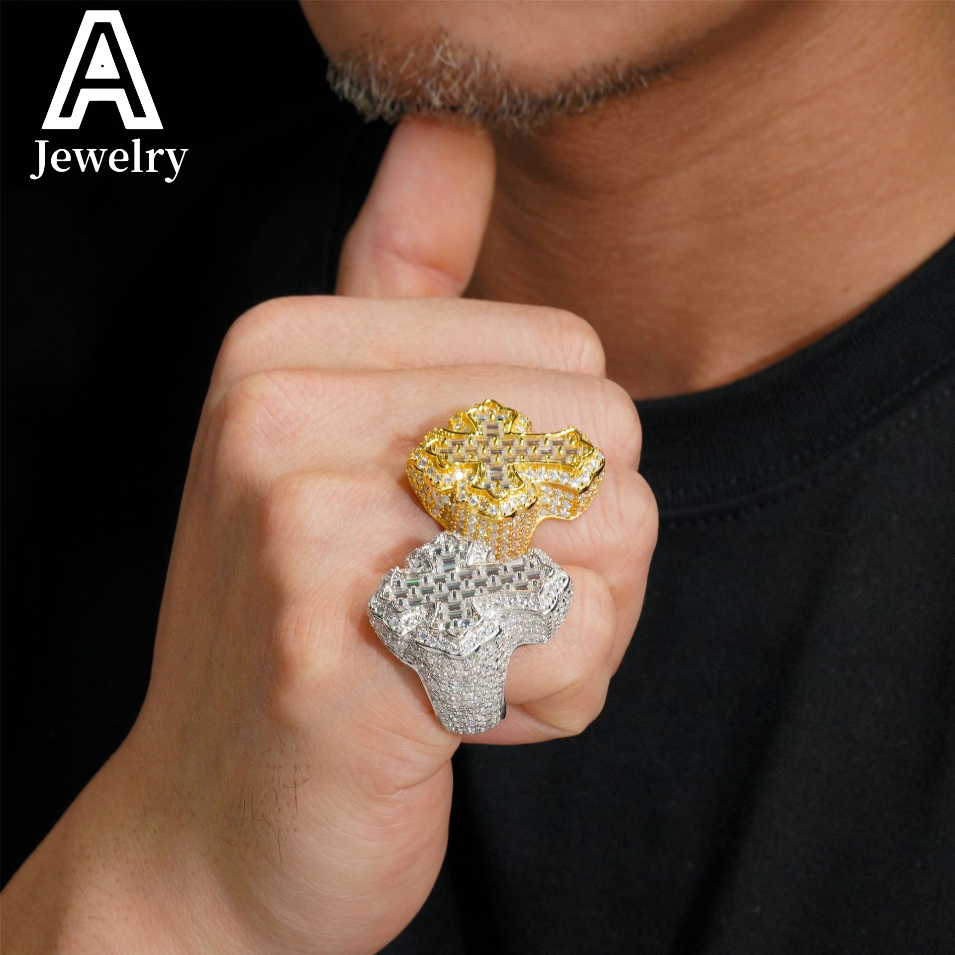 Hot cross 925 sterling silver Moissanite ring male rapper hip hop fashion European and American rings