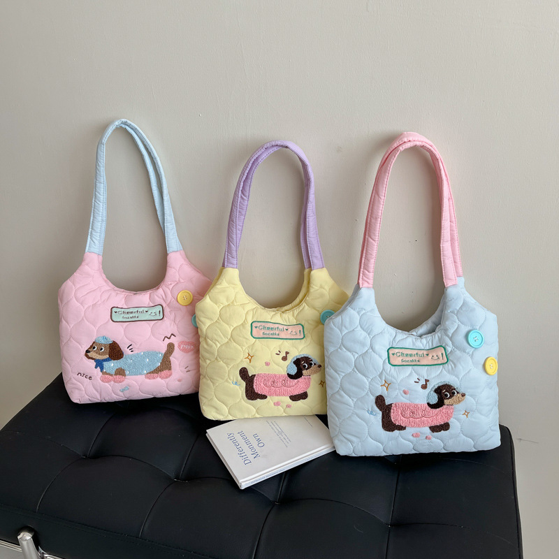 2025S Fashion Designer Lazy Style Student Classroom Backpack Cute Embroidered Puppy Color Contrasting Shoulder Large Capacity Tote Bag