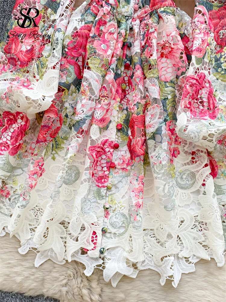 SINGREINY Spring Ral Print Short V Neck Lantern Sleeves Embroidery Design Hollow Out Chic A E Beachwear Female Dress