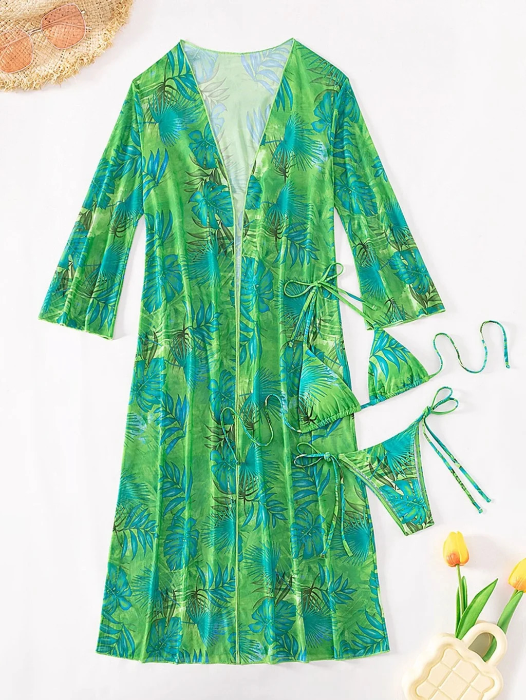 3 pieces of triangle striped bikini swimsuit womens and kimono swimsuits womens sexy swimsuit beachwear 250321