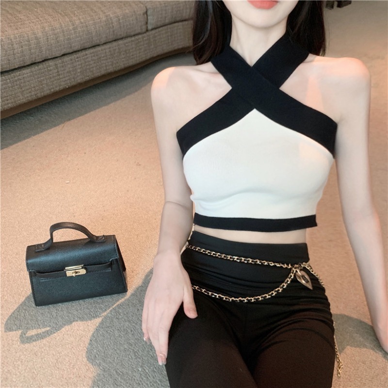 Pure Desire Uniqueness, Sweet And Spicy Girl Sexy Short Necked Tank Wearing Contrasting Color Exposed Navel Sleeveless Top For Women Instagram Trend