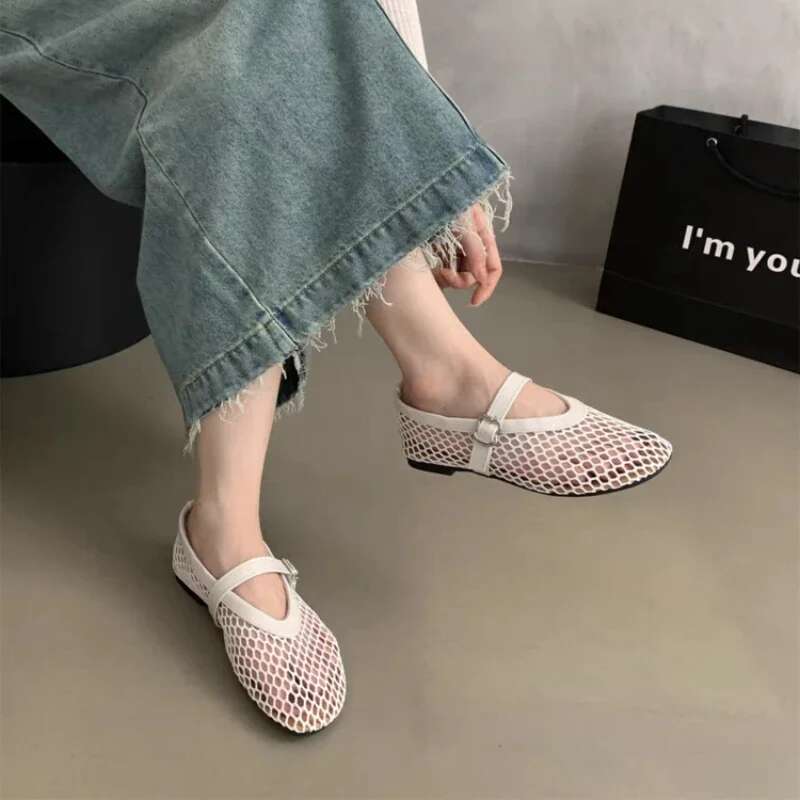New Ballet Flat Shoes Women Mesh Hollow Outs Mary Jane Flats Black Loafers Summer Woman Walking Sandals Footwear Plus Size 42