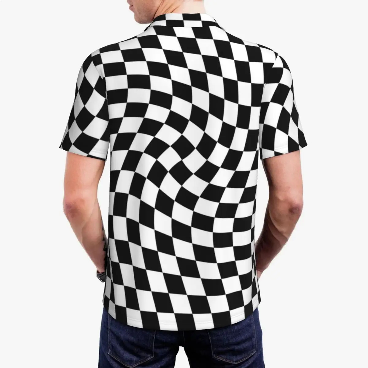 Solid color checkered polo shirt mens black and white casual retro collar Tshirt short sleeved oversized top 250321