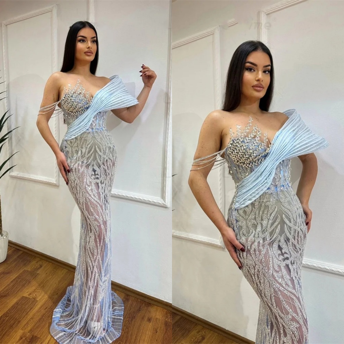 Designer Evening Dresses Off Shoulder Sleeveless Gown Sequins Crystal See Through Sweep Train Party Customized Dress