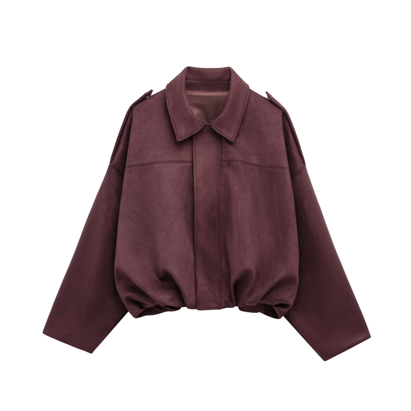 2025 Spring Casual Women's Clothing Fashion Bat Sleeve Collar Suede Texture Effect Pilot Jacket Solid Color Decoration