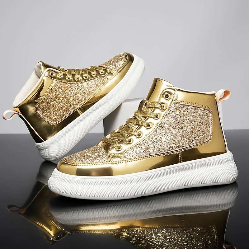 2025 new couple running shoes, high ankle women's outdoor street walking boots, gold winter carnival sports shoes