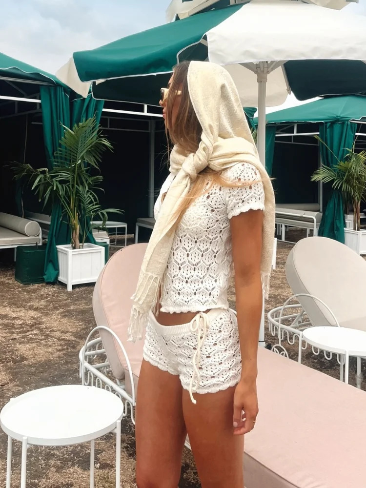 Sexy Women White Hollow Out Knitted V Neck Tops Suit Fashion Short Sleeve Low Waist Short Set Summer Chic Beach Vacation Outfits 250322
