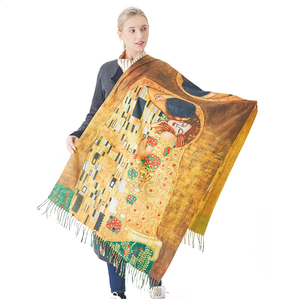 Cashmere Scarf Women Digital Printing Pashmina Shawl Wraps Gustav Klimt Oil Painting Der Kuss Bandana Femme Foulard Tassels 250318