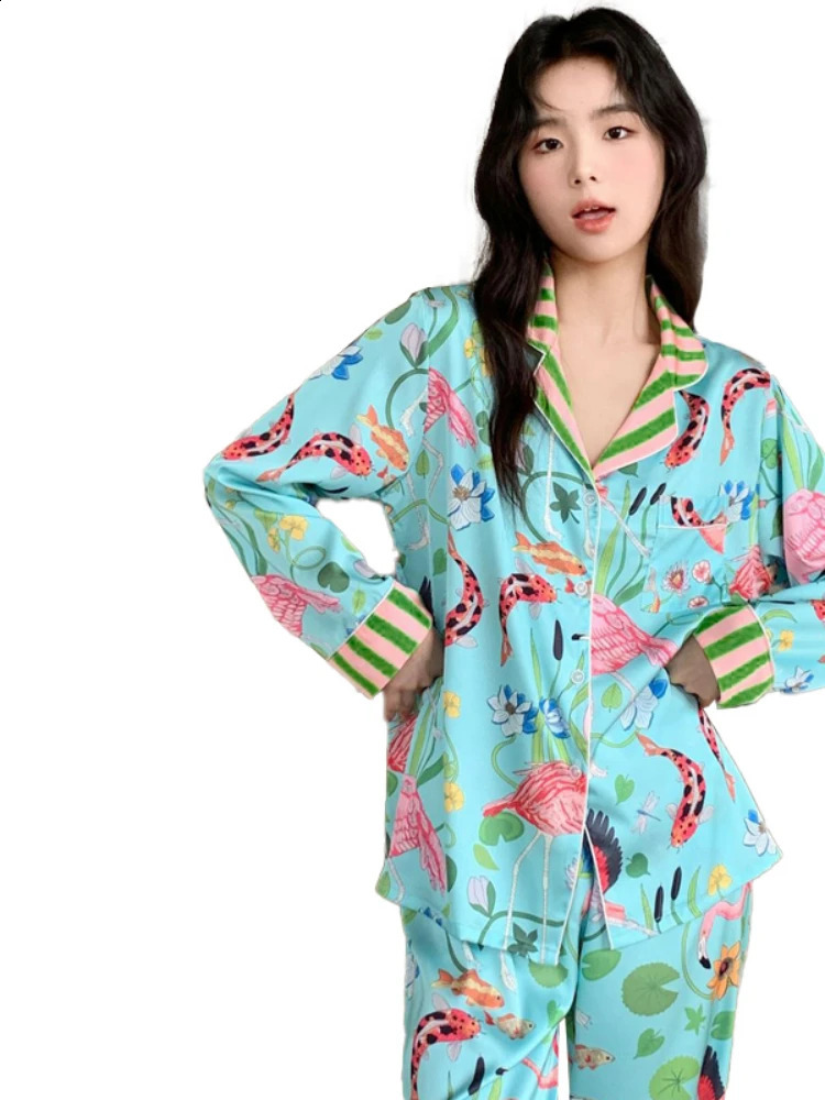 Spring Autumn Ice Silk Soft Womens Pajamas Set Buttons Cardigan Womens 2 Piece Outfit Set Senior Printing Pajamas 250321