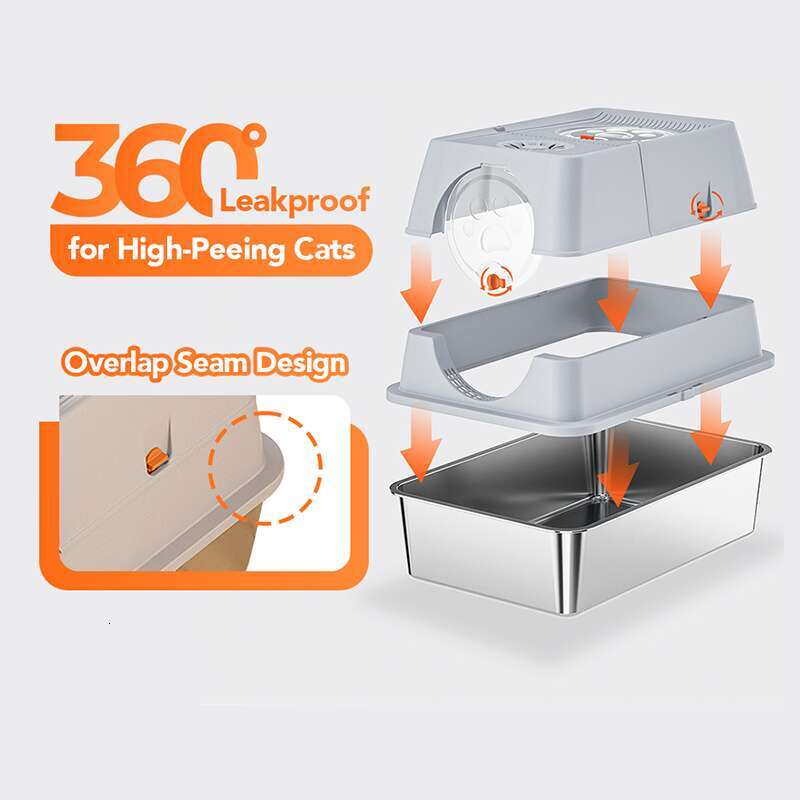 Stainless Steel Litter Box with Dog-Proof Hooded with Filter Lid & Scoop for Low Tracking Enclosed Cat Litter Boxes for Anti-Leakage Metal Litter Pan