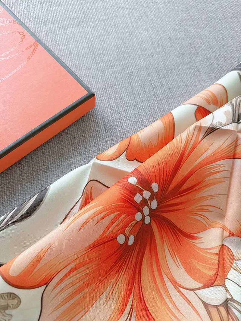 Orange Shawl Wan Neck Scarves Flowers Twill Scarf w HandkerChief Wan Square Silk Hijab Bandana 90 90 Luxury Scarf X250324