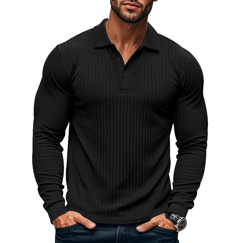 Casual Mens Polo Shirt Solid Color Button Long Sleeve Tshirts Business Tee Fashion Clothing Stretch Breathable 250311