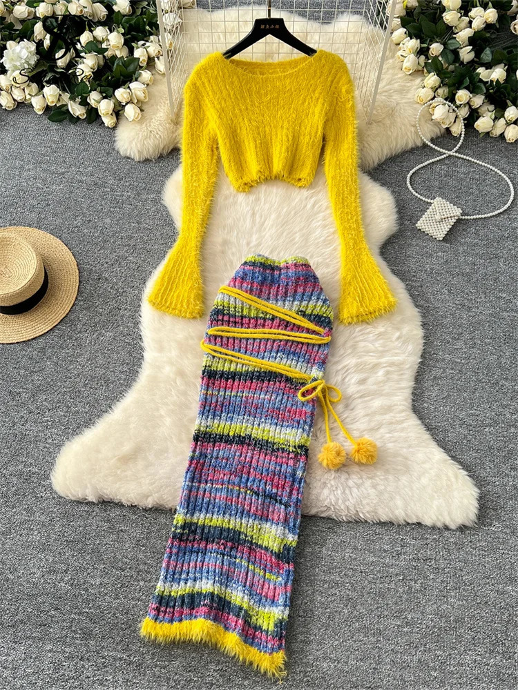 SINGREENY Winter Warm Knitted Two Piece Set O-neck Short TopHigh Waist Lace Upper Tight Clothes Slimming Womens Set 250322