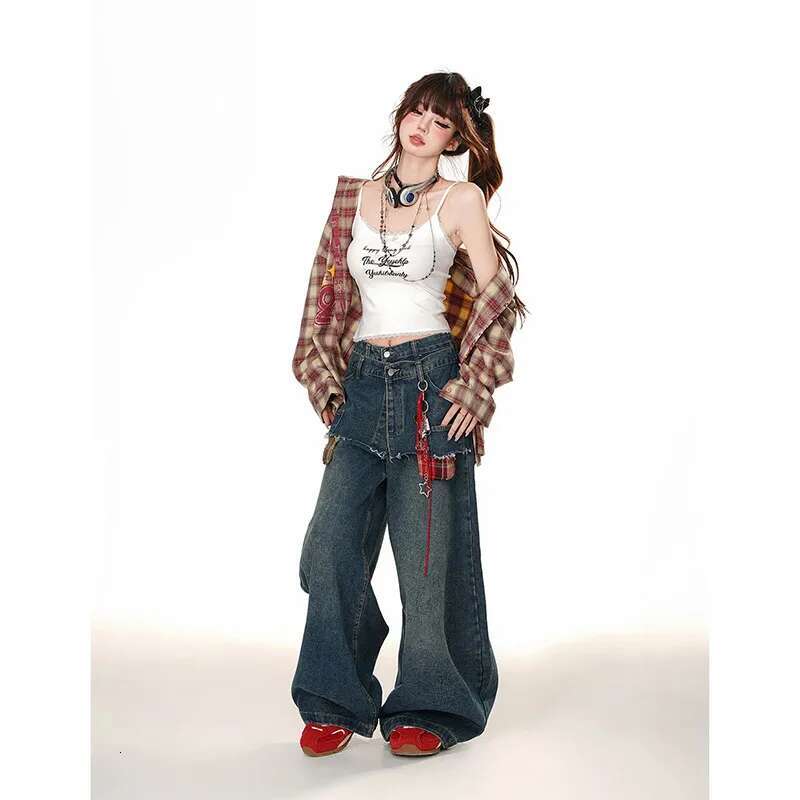 Street Popular Loose Women Patchwork Y2k New Haruku Vintage Oversized Wide-Leg Pants Couple High Waist Jeans 2025