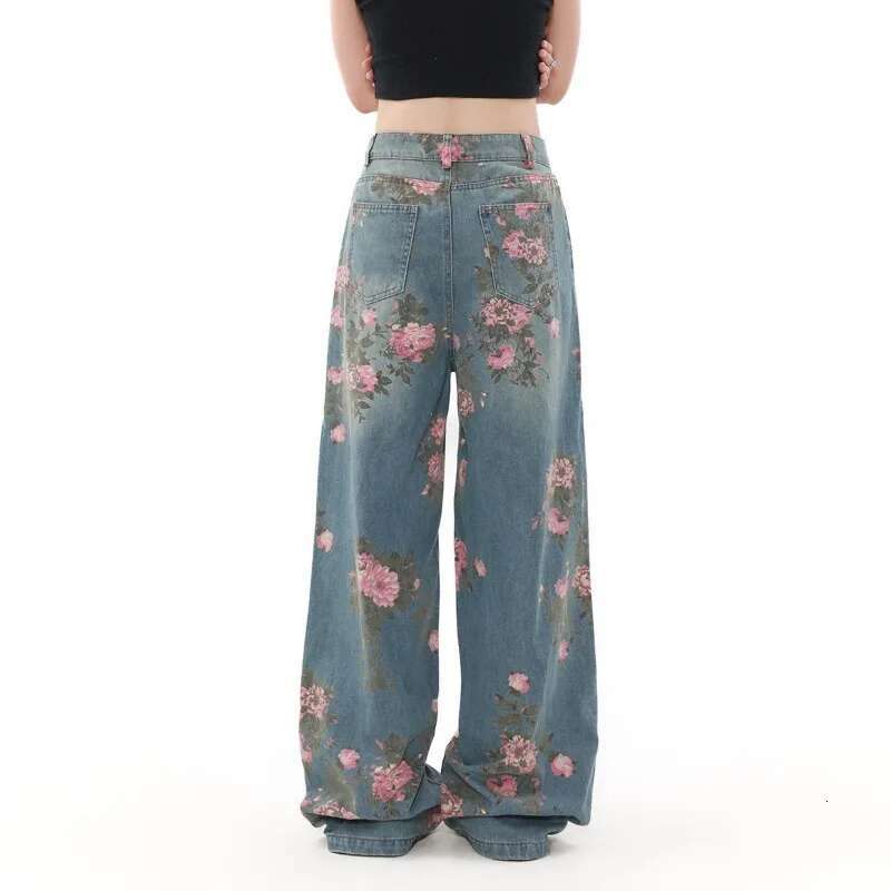 American Retro Ral Print Fashionable Wide-Leg Baggy Jeans Trendy High Street Loose Trousers