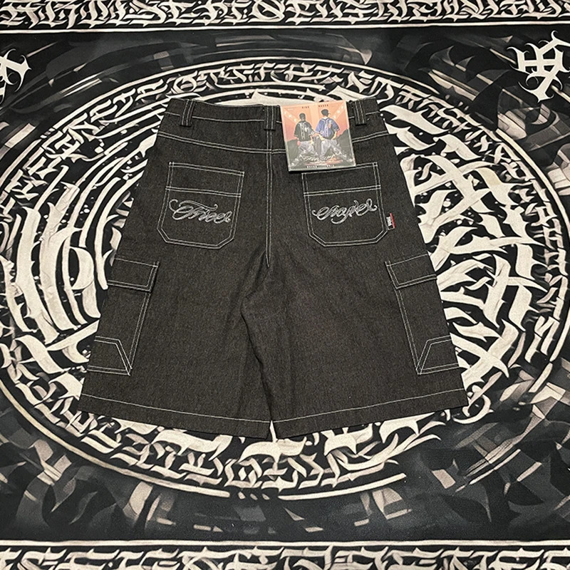 Hip Hop Summer Embroidered Flower Bag Over Knee Jeans Mens Retro Wide Leg Pocket Oversized Cowboy Five Point Pants 250312