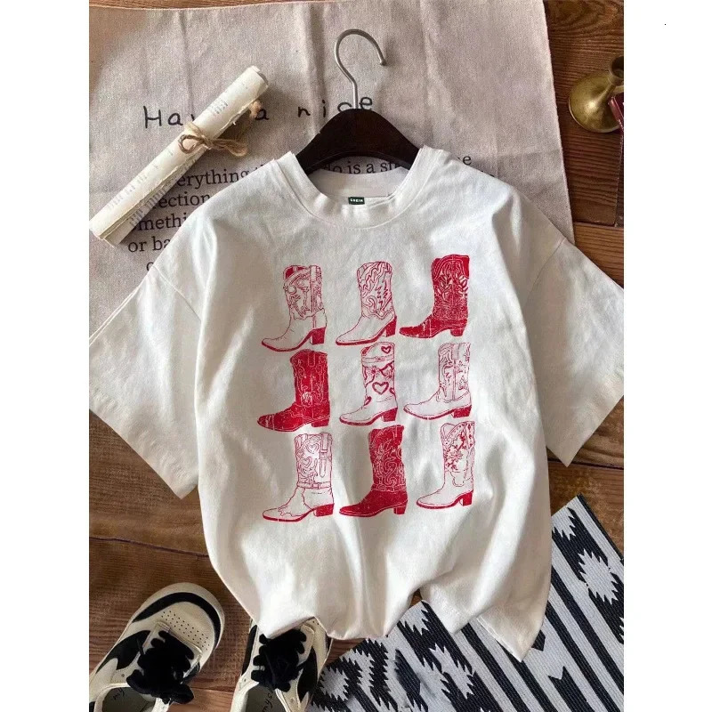 Retro boots printed Western casual slim fit short sleeved womens Tshirt retro graphite top cotton breathable clothing 250324