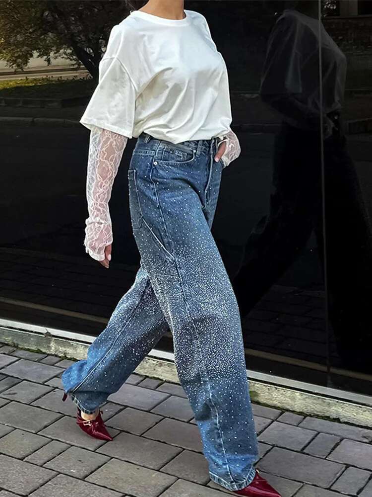 Rhie Blue Jeans Women Casual High Wait Wide Legs Pockets Denim Pant Female 2025 Spring Lady Y2k Street Baggy Trousers