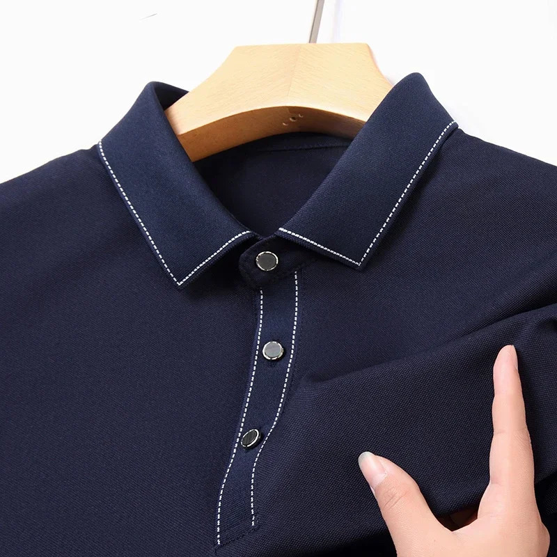 2024 Mens Solid Color Cotton Business Casual Short sleeved POLO Shirt Fashion Comfortable and Breathable Top 250312