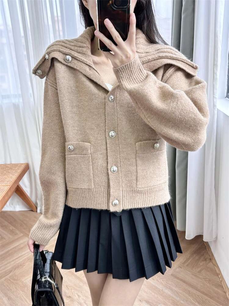 Autumn/Winter New Navy Collar Thick Warm Single Breasted Sweater Coat Women's Pure Color Simple