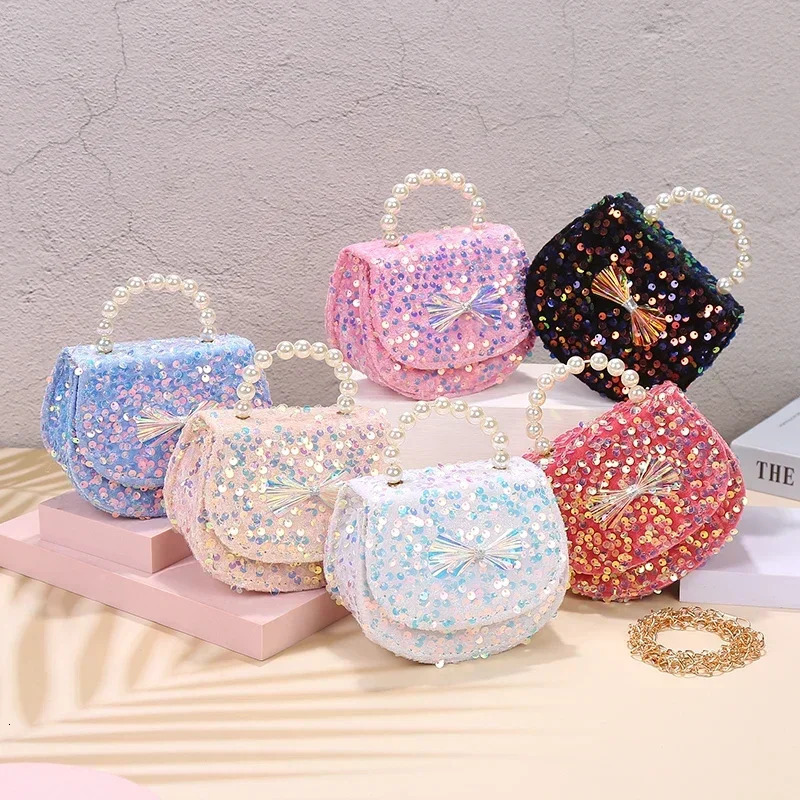 Pink Sequin Pearl Small Shoulder Bag for Girls ren Mini Crossbody Bag Cut Kinds Coin Purses Little Girl Handbag 250322