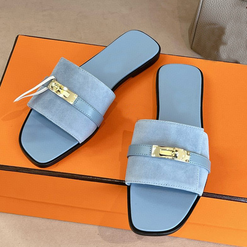 Top Shoe Buckle Classic Women Flat Slippers Luxury Designer One-piece Open Toe Fashion Sandals Leather Sole Lazy Home Slippers Factory Footwear With Box And Dust Bag