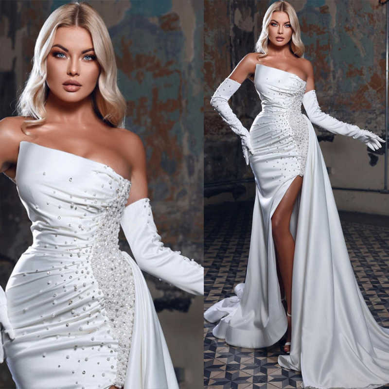 Simple Mermaid Wedding Dress Strapless Sleeveless Bridal Gowns Pearls Split Side Detachable Train Dresses Custom Made vestidos de novia