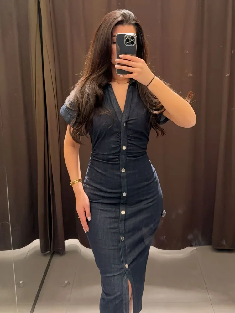 Fashion 2025 Spring Women Solid Denim Slim Long Dress Chic V Neck Single Breasted Short Sleeve Dresses Lady High Street Outfits 250324