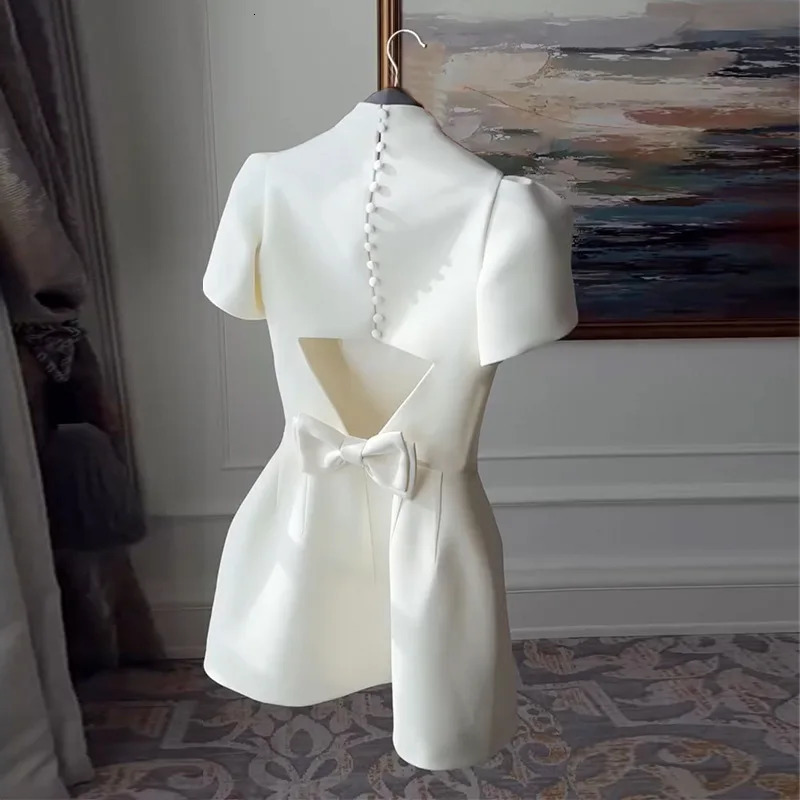 Elegant Stand Collar Backless Dresses Spring Women Short Sleeved Single Breasted Dress Summer Female Basic A Line Mini Dress 250324