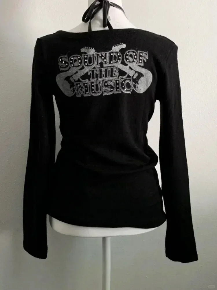 2000s American Vintage Gothic Black Women T-shirts Punk Style Graphic Grunge Tshirts Harajuku Y2k Long Sleeve Tops Streetwear 250324