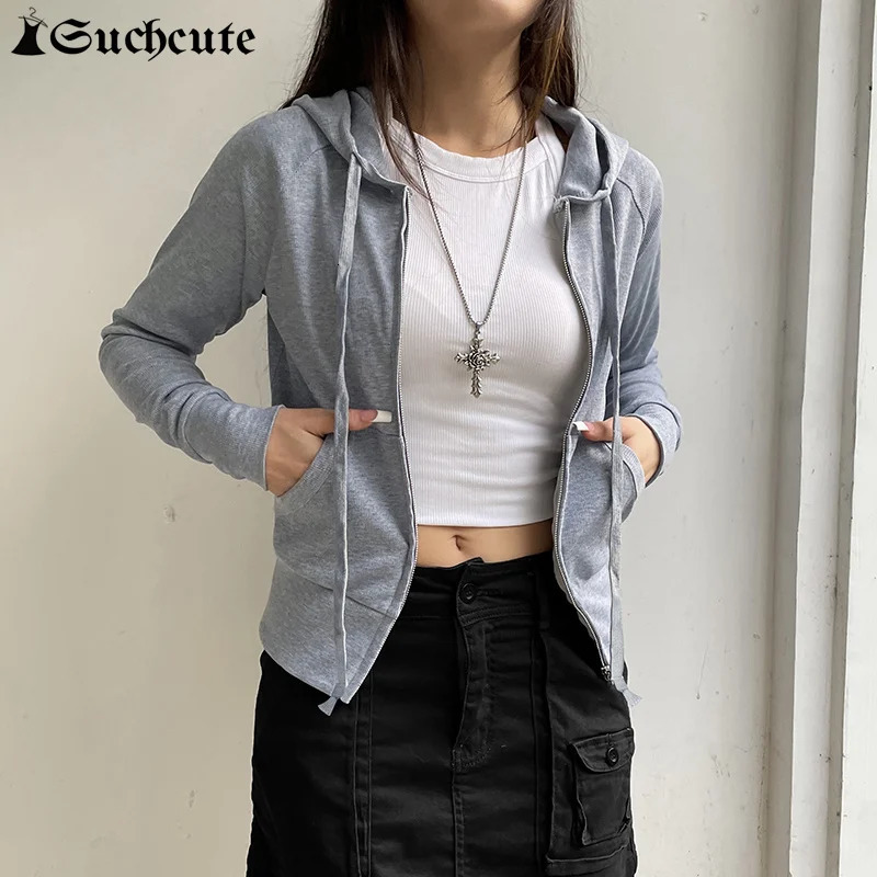 SUCHCUTE Vintage Zipper Hoodies Women Grunge Solid Color Y2k Aesthetic Ribbed Sweatshirt Autumn Hooded Harajuku Casual Pullovers 250324