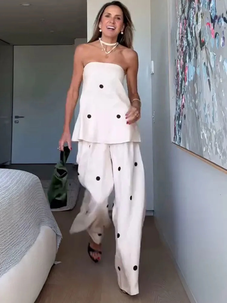 Women Fashion Polka Dot Wide Leg Pant 2 Piece Set Sexy Off Shoulder Sleeveless Vest Tops Suit 2025 Vocation Streetwear 250324