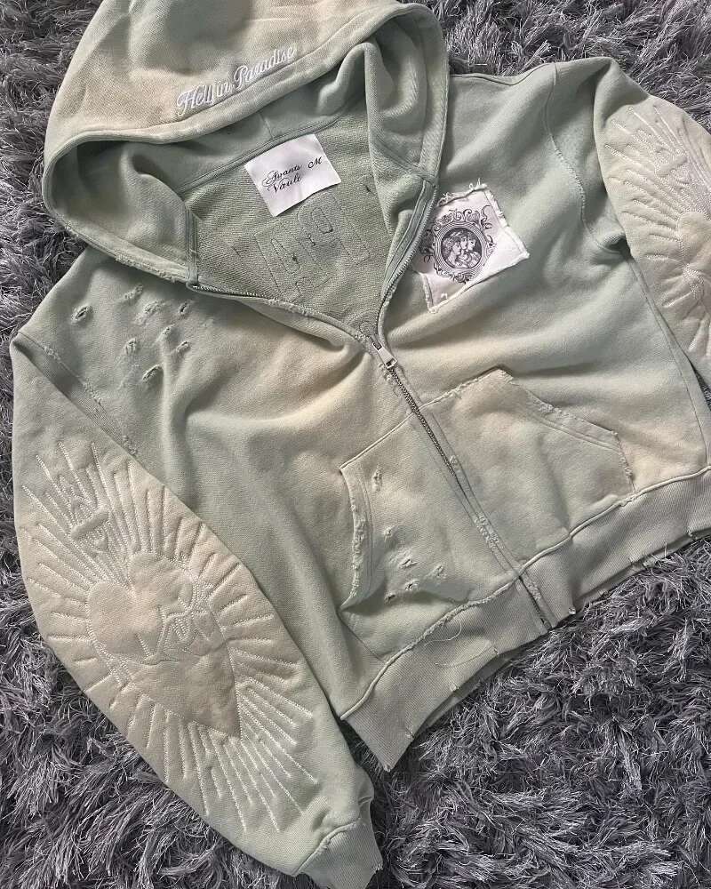 Haruku Gothic Zipper Hoodie Letter Embroidered Spliced Sweater High Street Punk Clothing Loose Vintage Y2k Top Sweatshirt