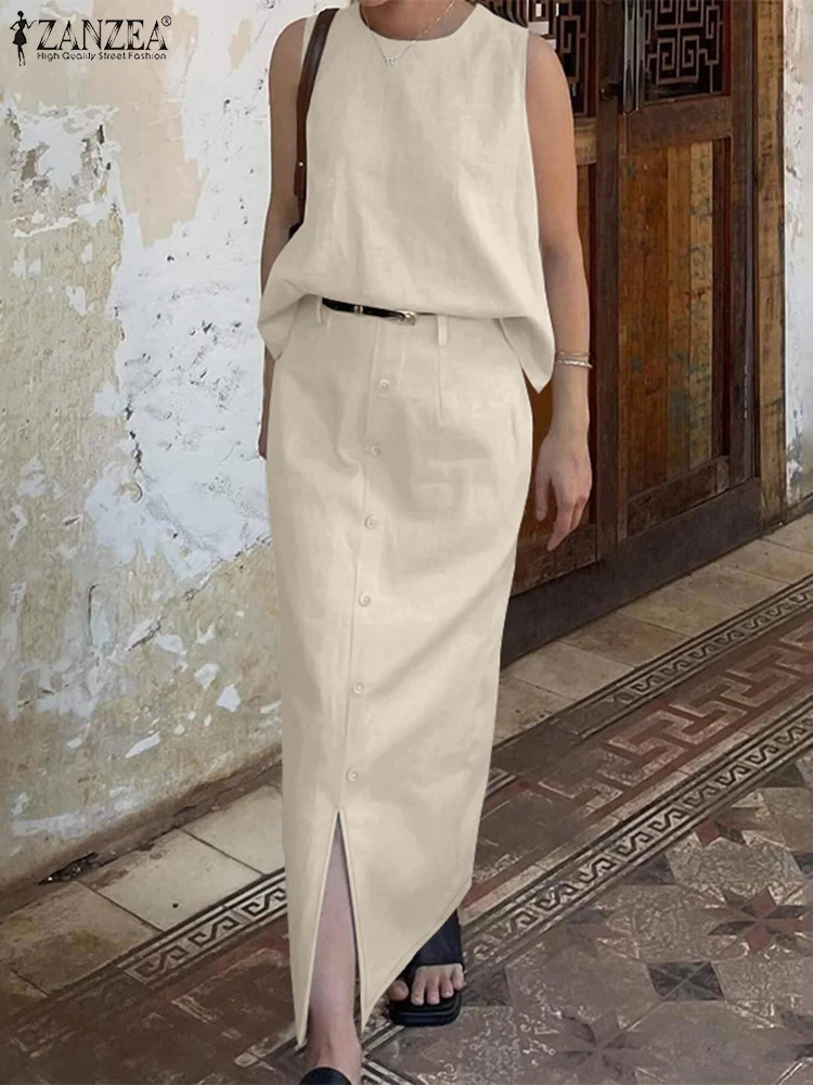 ZANZEA Summer Dress Sets 2PCS Women Outfits Fashion Two Pices Sets Sleeveless Tank Tops Long Skirt Suit Office Lady Matching Set 250324