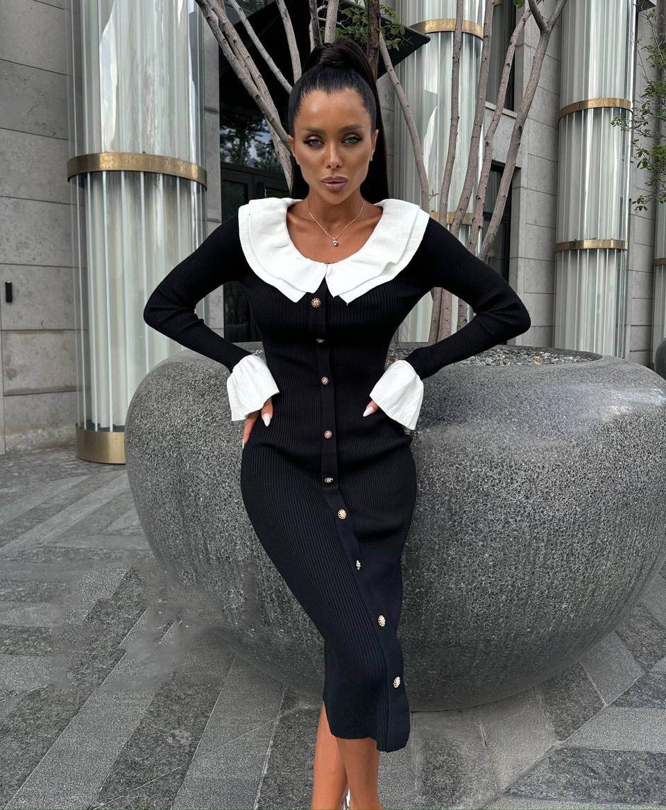 2024 Autumn/Winter New Knitted Woolen Women's Fashion Splicing Color Contrasting Tight Skirt Elegant Temperament Dress