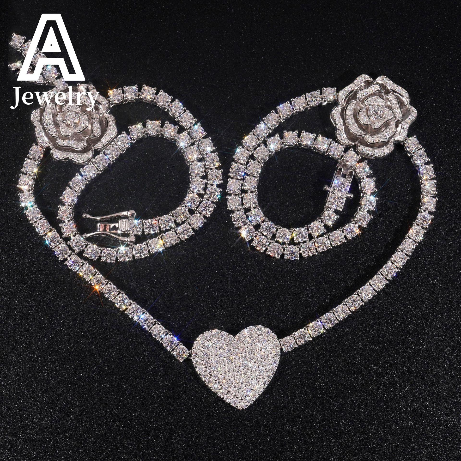 3mm Custom Moissanite Tennis Chains Rose Flower and Heart Shape Charm Necklace 925 Silver Moissanite Diamond Tennis Necklace
