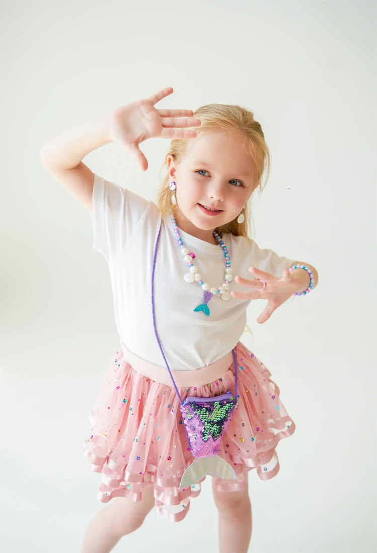 Cute and shiny fish tail pearl bracelet necklace with cross shaped bag for girls Kawai combination set birthday gift 250322