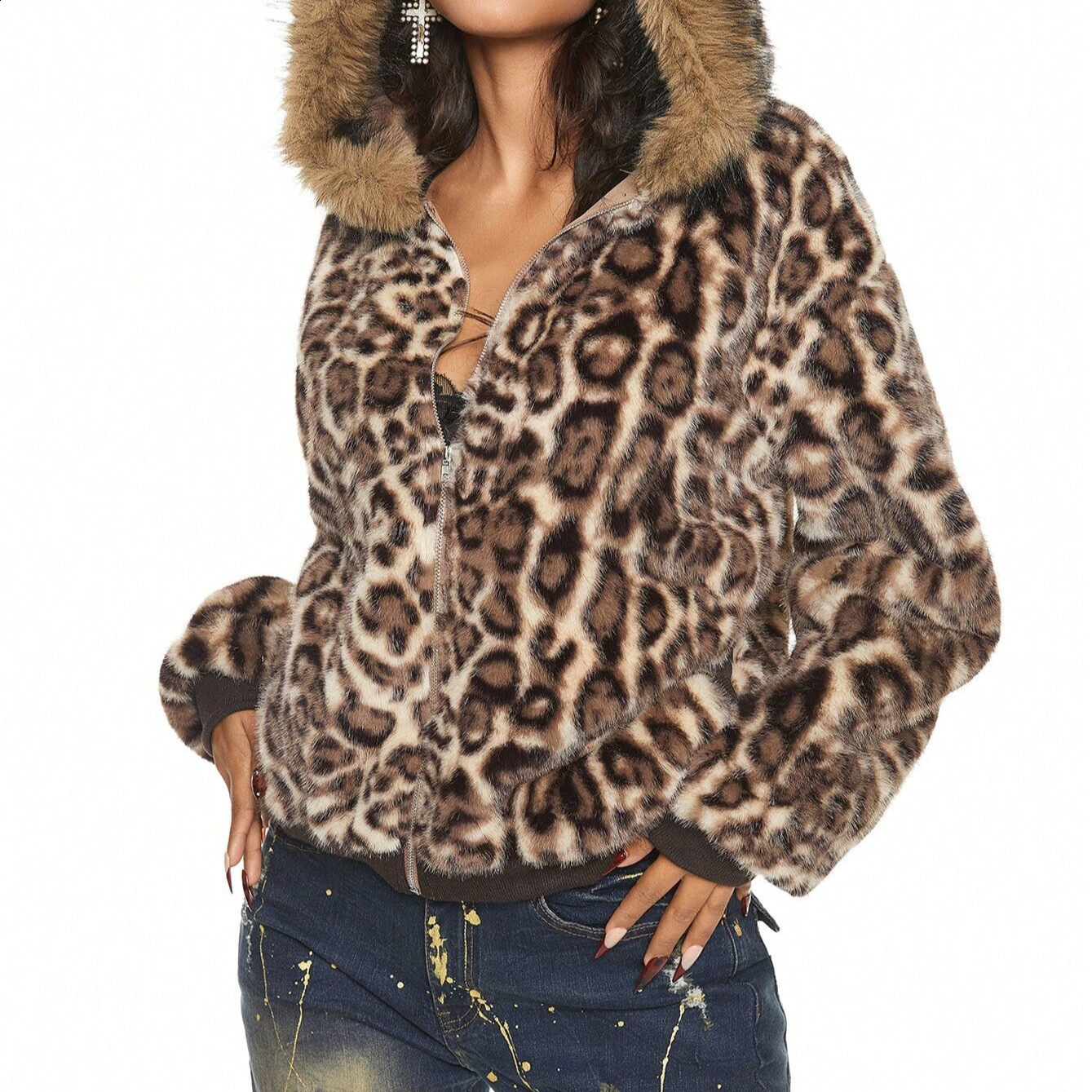 Y2k Womens Zip up Hoodies Leopard Print Grunge Gothic Hip Hop Punk Hoodies Clothes Harajuku Aesthetic Hoodies Clothes Streetwear 241223