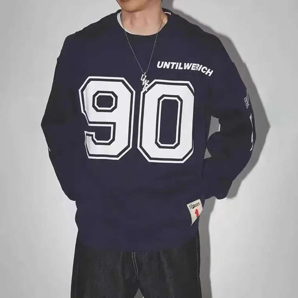 Mens Retro Street American Hip-Hop Number Print Pullover Stylish Campus Sporty Youthful Daily Baggy Casual Sweatshirt