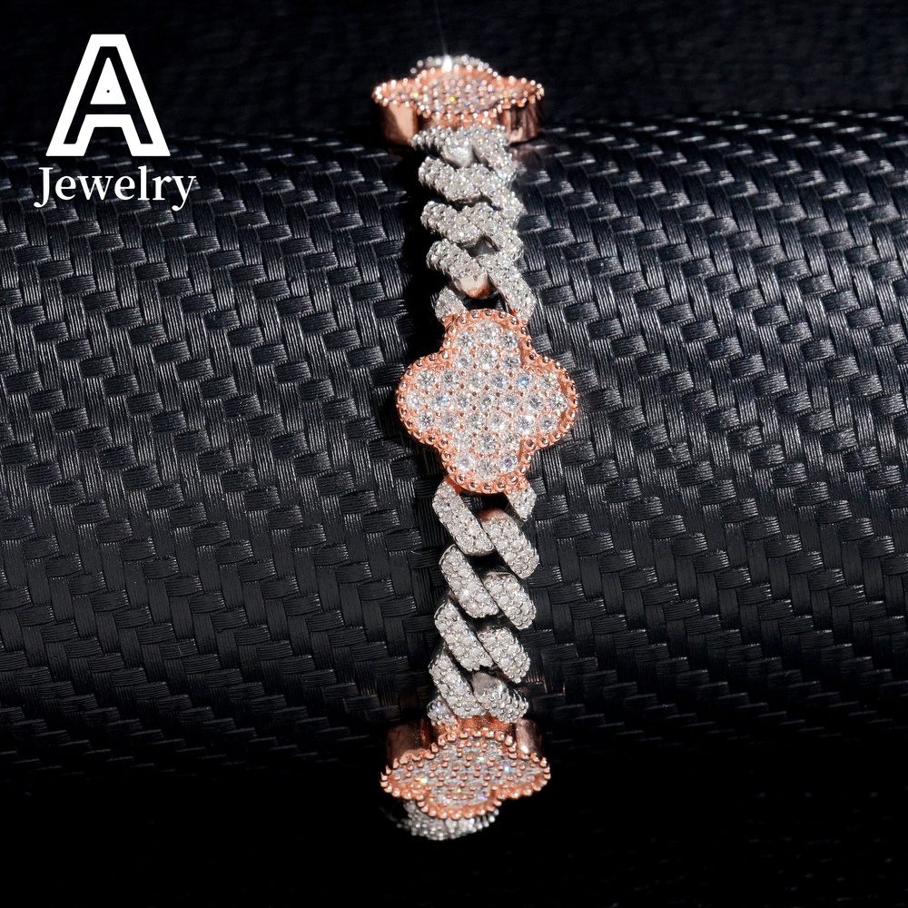 Full Iced Out Hip Hop Jewelry 8mm Moissanite Cuban Link Chains 925 Silver Four Leaf Clover Cuban Necklaces Bracelets