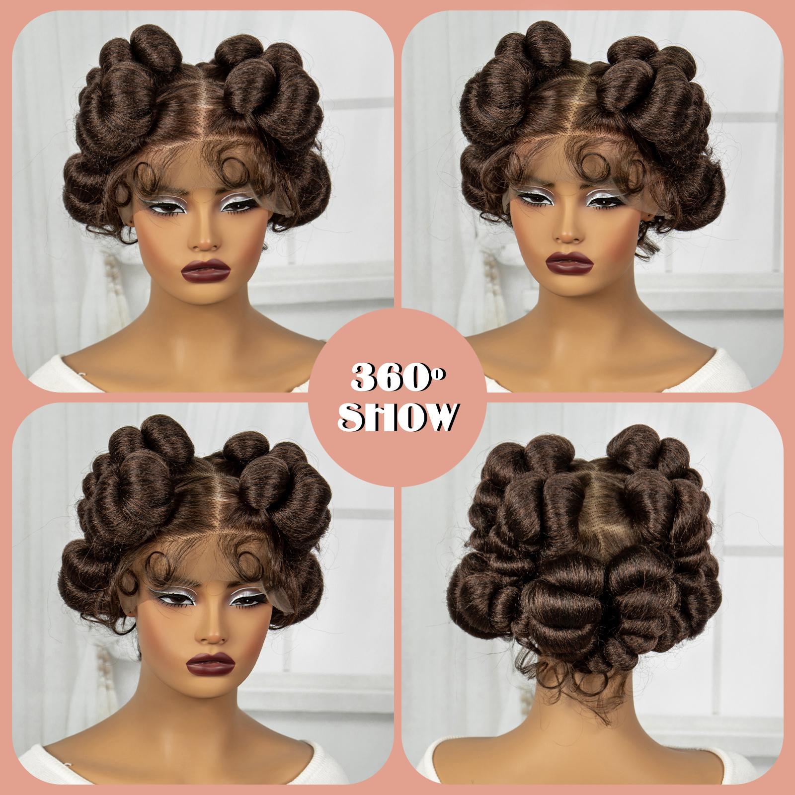 1B-30 Brown Color 6inch Transparent Full Lace Braided Wigs Short Cute Handmade Bantu Synthetic Braided Lace Wigs Knotless Braids Wig