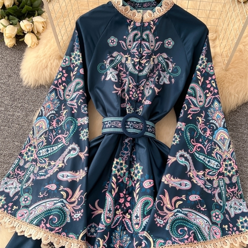 3XL 4XL Elegant Evening Floral Maxi Dresses Women Summer Autumn National Trench Flower Print Flare Full Sleeve Long Dress 250322