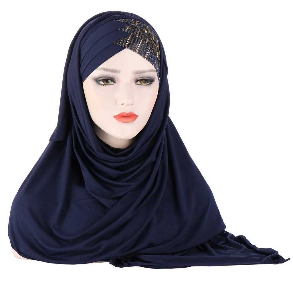 2024 Muslim cotton scarf plain weave headscarf with beads for shaving and wrapping female Muslim headscarf ready to wear headscarf X250324