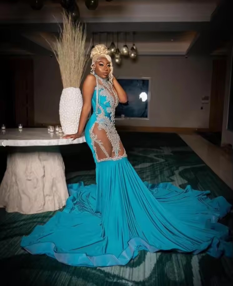 Customized Sexy 2025 Blue Satin Mermaid Prom Dresses Lace Appliuqes Formal Evening Ocn Gown For Black Girls vestidos de ga