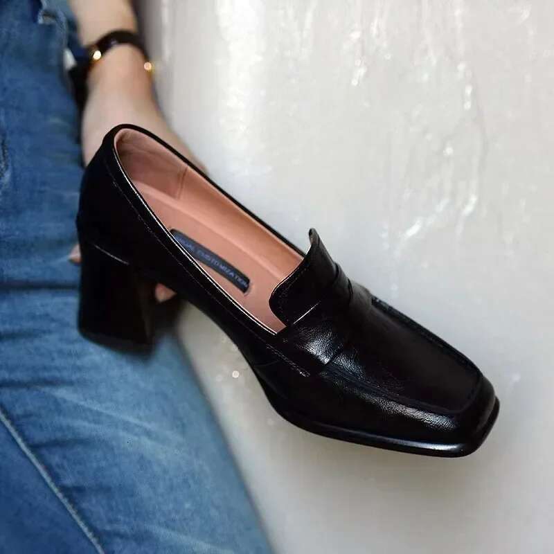 Autumn Women's High New Fashion Shallow Square Toe Chunky Heel Slip on for Women Dress Students Mary Jane Shoes