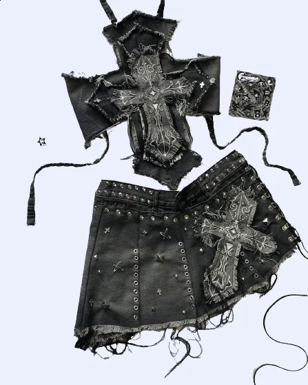 Y2K Streetwear Skirt Sets Womens Gothic Retro Dark Cross Graphic Patch Denim Mini Skirt Halter Tops Harajuku Slim Fit Skirt Sets 250317