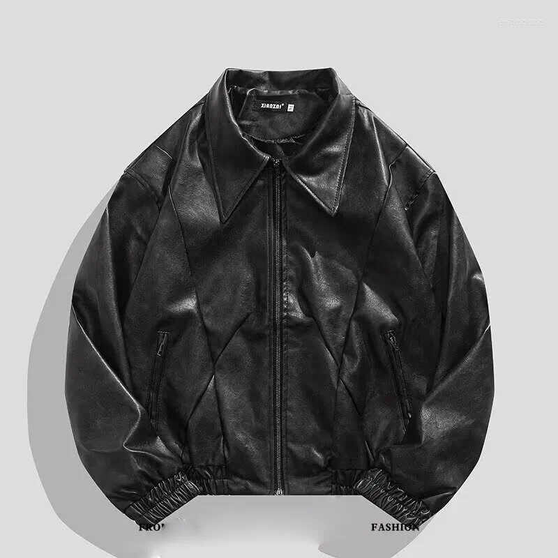 Men's Jackets PFHQ PU Leather Jacket Turn-down Collar Long Sleeve Zipper Design Line Decoration Male Tops Fashion 21E2803