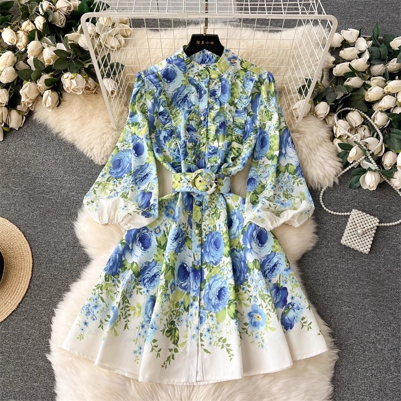 Summer Holiday Linen Dress Clothing Stand Ruffles Long Lantern Sleeve Flower Print Single Breasted Belt Mini Vestidos 250322