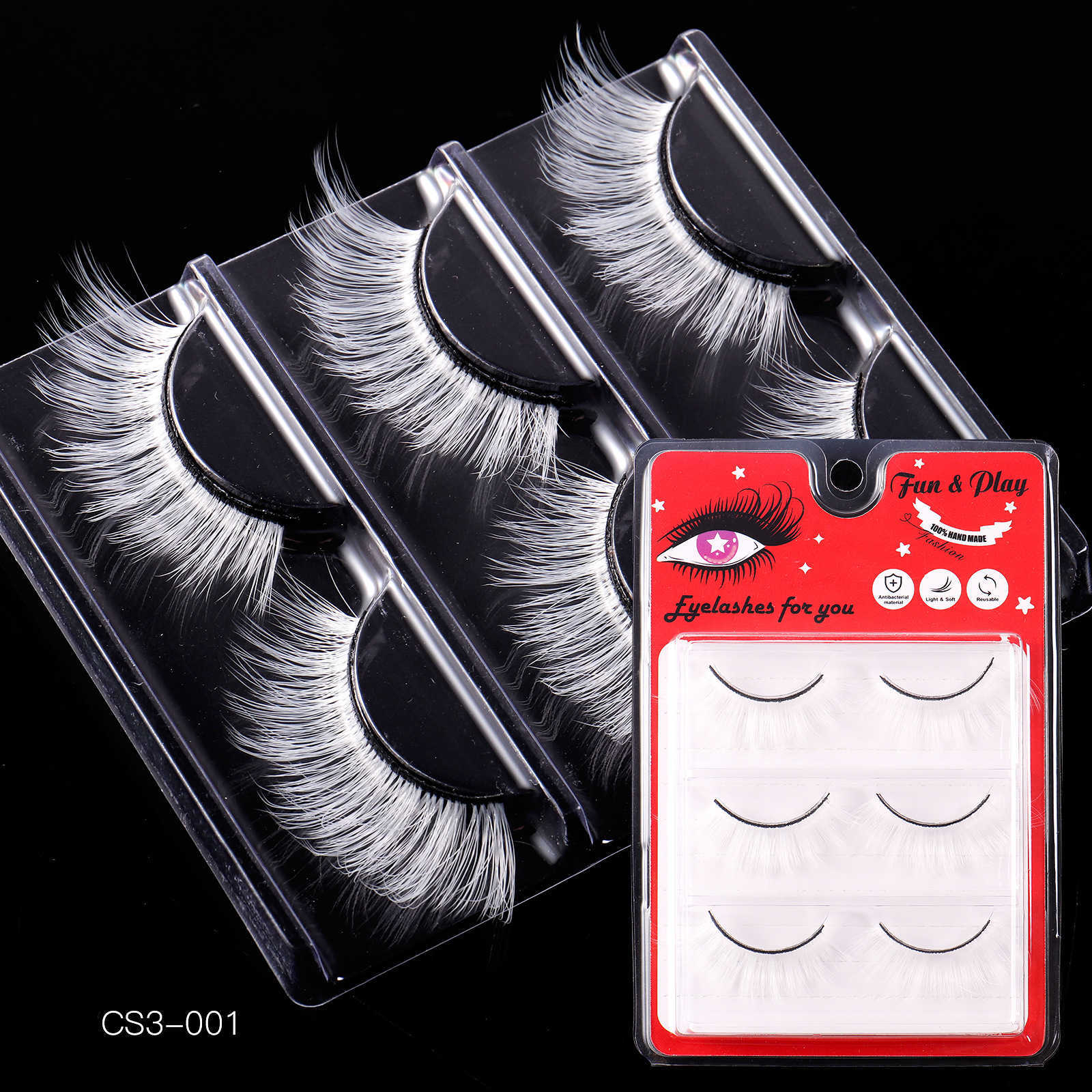 New Exaggerated Holiday Style White False Eyelash 3-Pair Set Long Short Synthetic Eyelash W250324