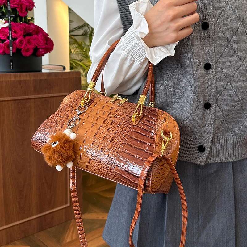 Black Alligator Handbag Brand Boston For Women Crocodile Pattern Pu Leather Shoulder Crossbody Bag Classic Briefcase